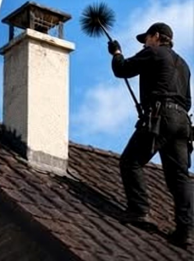 Ramoneur sur un toit qui nettoie une cheminée avec une brosse